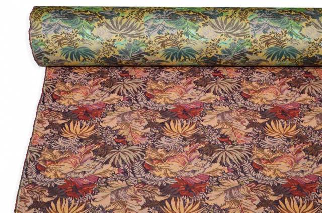 Vendita on line tessuto broccato stretch fantasia tropicale colori caldi - occasioni e scampoli tessuti fantasie 