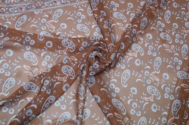 Vendita on line tessuto chiffon pura seta fantasia cashmere fondo marrone - tessuti abbigliamento sete fantasia