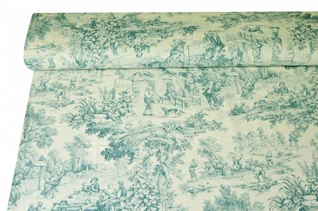 Vendita on line tessuto cotone panama toile de jouy turchese - cotoni fantasie doppia altezza
