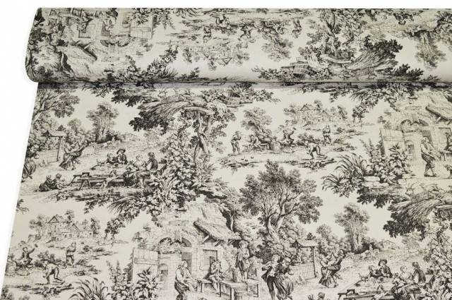 Vendita on line tessuto cotone panama toile de jouy nero - cotoni fantasie doppia altezza
