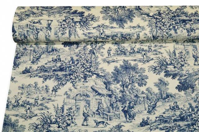 Vendita on line tessuto cotone panama toile de jouy blu - cotoni fantasie doppia altezza