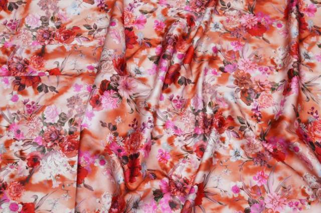 Vendita on line tessuto rasatello puro cotone fantasia floreale colori caldi - tessuti abbigliamento taffetas / rasi / shantung raso