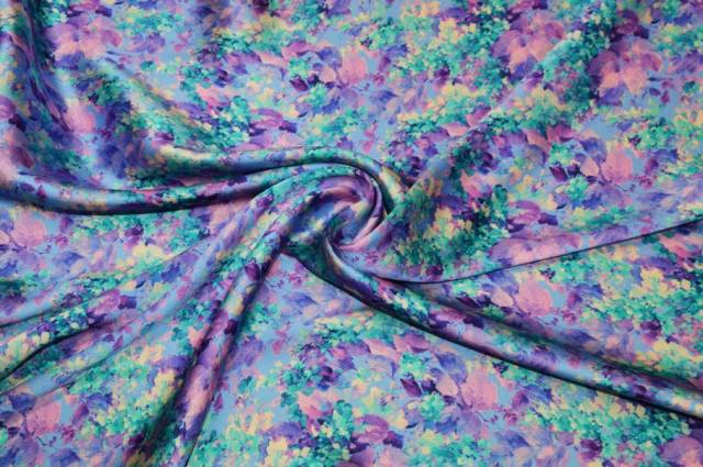 Vendita on line tessuto rasatello in viscosa e seta fantasia fiori viola - tessuti abbigliamento taffetas / rasi / shantung raso