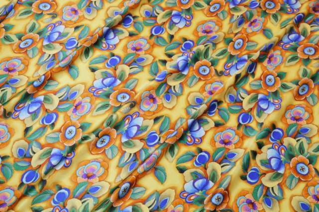 Vendita on line tessuto raso pura seta fantasia floreale fiore giallo - tessuti abbigliamento taffetas / rasi / shantung raso