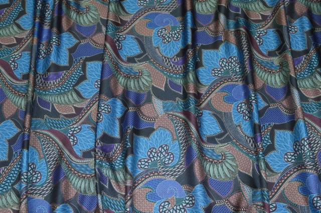 Vendita on line tessuto raso pura seta fantasia etnica azzurra - tessuti abbigliamento sete fantasia