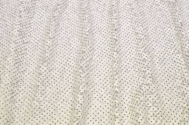 Vendita on line tessuto jersey di pizzo panna con pois neri - tessuti abbigliamento poliestere fantasia