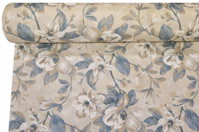 Vendita on line tessuto arredo fantasia magnolia azzurra fondo beige - cotoni