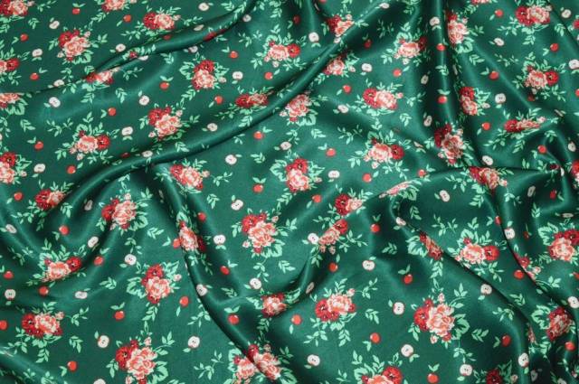 Vendita on line tessuto raso pura seta fiore rosso fondo smeraldo - tessuti abbigliamento taffetas / rasi / shantung raso