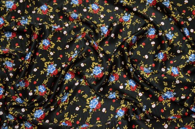 Vendita on line tessuto raso pura seta fiore azzurro fondo nero - tessuti abbigliamento taffetas / rasi / shantung raso