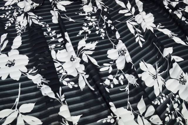 Vendita on line tessuto riga devoreh fiore bianco nero - tessuti abbigliamento poliestere 