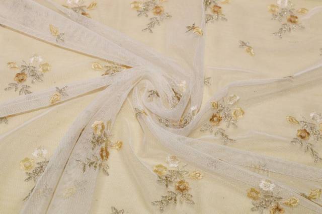 Vendita on line tendino tulle ricamato fiorellino beige - tessuti per tendine metraggio a vetro tirolesi