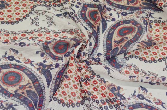 Vendita on line tessuto crepon disegno cashmere bianco e blu - tessuti abbigliamento georgette / chiffon / dèvorè plissettato