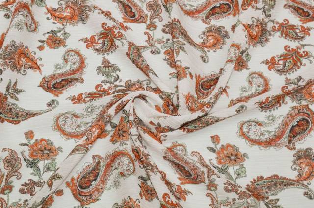 Vendita on line tessuto crepon disegno cashmere bianco e arancio - tessuti abbigliamento georgette / chiffon / dèvorè plissettato
