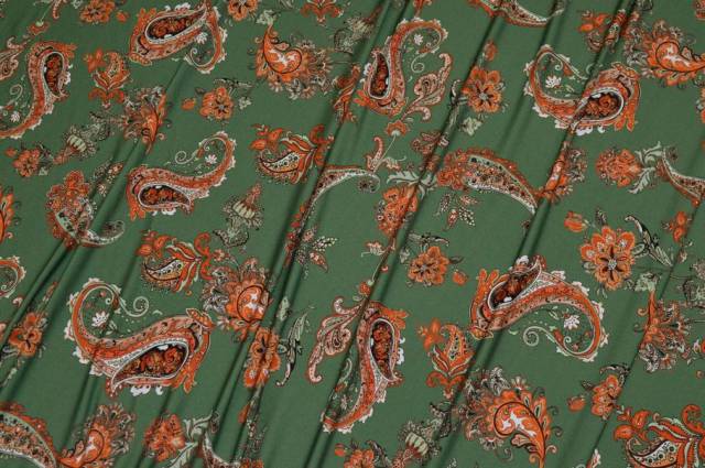 Vendita on line tessuto lycra bielastica fantasia cashmere arancio e verde - tessuti abbigliamento