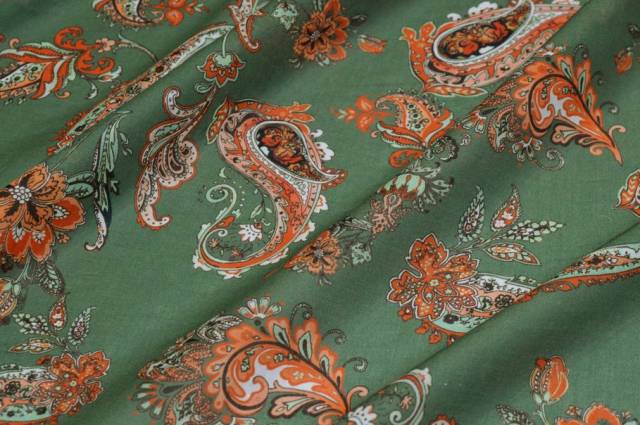 Vendita on line tessuto batista puro cotone disegno cashmere arancio e verde - cotoni