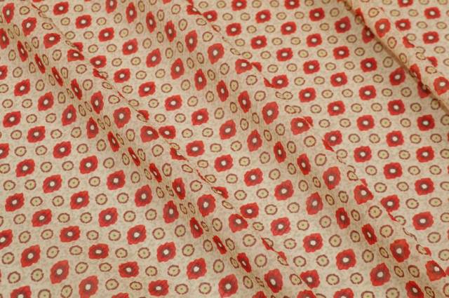 Vendita on line tessuto crepon fantasia fiorellino rosso fondo beige - tessuti abbigliamento georgette / chiffon / dèvorè plissettato