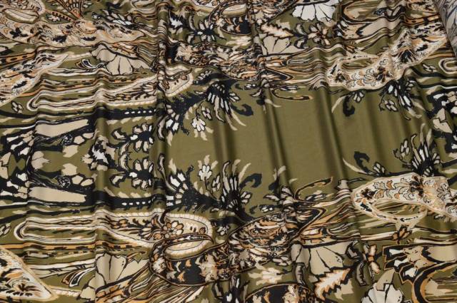 Vendita on line tessuto mussola puro cotone fantasia beige fondo verde - cotoni