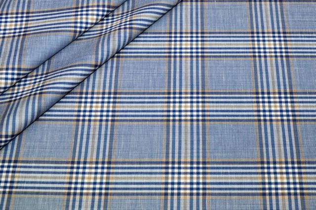 Vendita on line tessuto misto lana lino scacco azzurro riga beige - tessuti abbigliamento lana