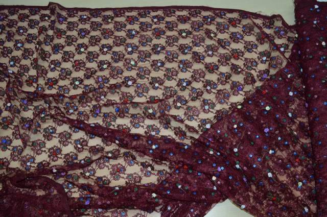 Vendita on line pizzo bordeaux con fiorellini - tessuti abbigliamento paillettes
