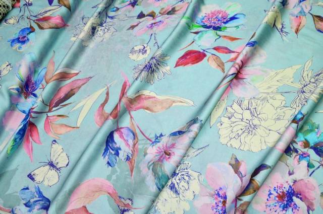 Vendita on line tessuto rasatello pura viscosa fantasia fondo azzurro - tessuti abbigliamento viscosa