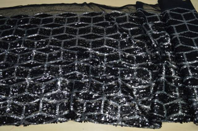 Vendita on line tessuto paillettes nero/argento cucite fantasia geometrica - tessuti abbigliamento paillettes