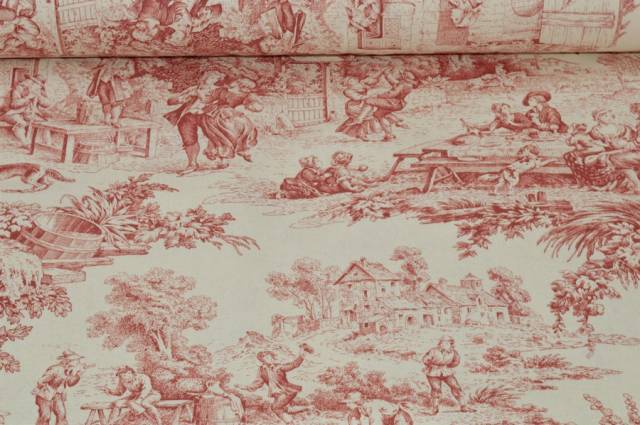 Vendita on line tessuto cotone panama toile de jouy rosso - cotoni fantasie doppia altezza