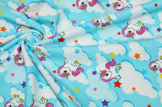 Vendita on line tessuto maglina cotone fantasia unicorno celeste - cotoni maglieria