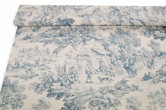 Vendita on line tessuto cotone panama toile de jouy azzurro - cotoni