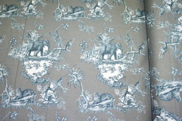 Vendita on line tessuto panama puro cotone toile de jouy grigio disegno giungla - cotoni