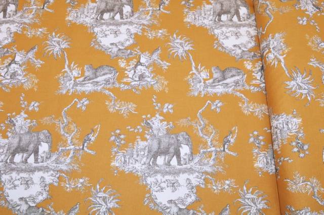 Vendita on line tessuto panama puro cotone toile de jouy giallo disegno giungla - cotoni de jouy