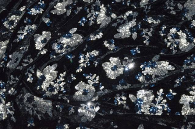 Vendita on line tessuto ciniglia streatch floreale paillettes argento - tessuti abbigliamento paillettes