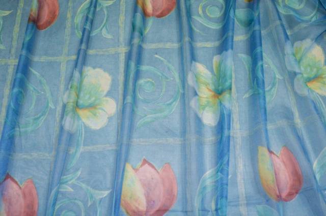 Vendita on line tessuto velo stampa fiore fondo azzurro - tessuti per