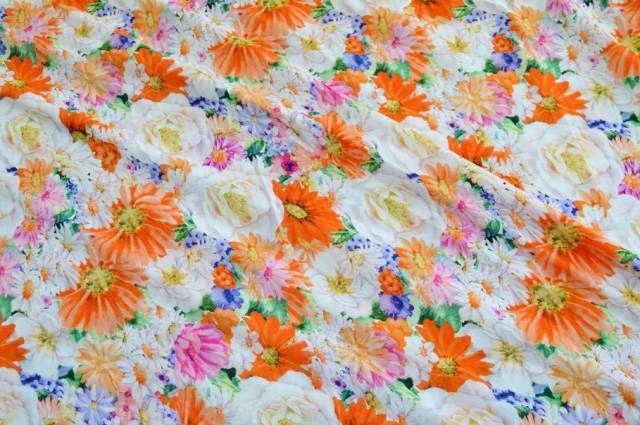 Vendita on line tessuto viscosa fantasia fiori arancio - tessuti abbigliamento viscosa fantasia