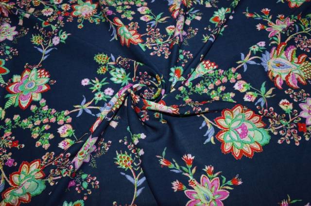 Vendita on line tessuto pura viscosa giavanese fantasia floreale fondo blu - tessuti abbigliamento viscosa fantasia
