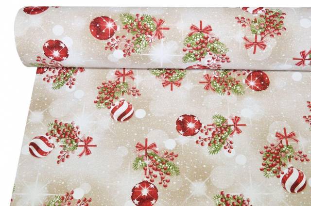 Vendita on line tessuto arredo fantasia palline natale fondo beige - cotoni fantasie doppia altezza