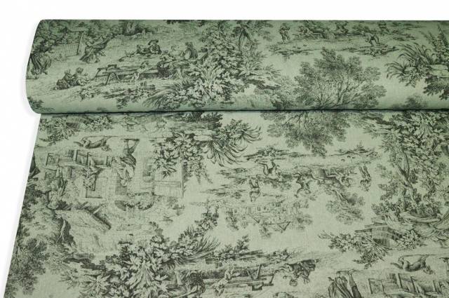 Vendita on line tessuto panama puro cotone toile de jouy salvia - tessuti arredo casa per tovaglie per fantasia