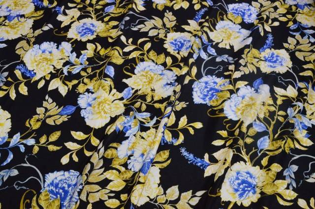 Vendita on line tessuto crepe de chine pura seta fantasia floreale giallo blu - tessuti abbigliamento sete fantasia