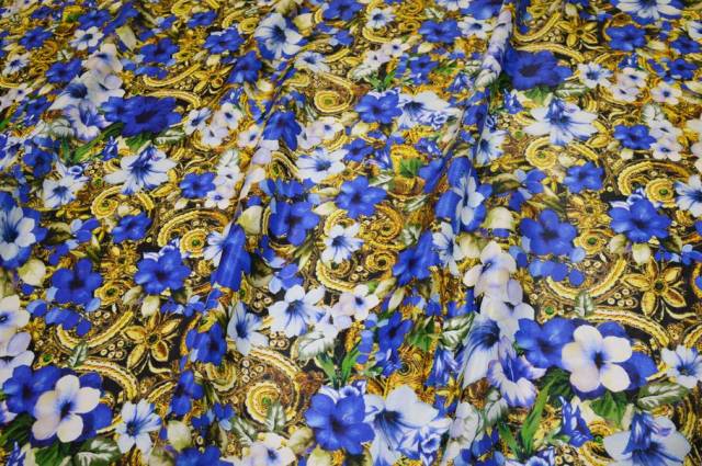 Vendita on line tessuto mussola misto seta fiore blu - tessuti abbigliamento sete fantasia