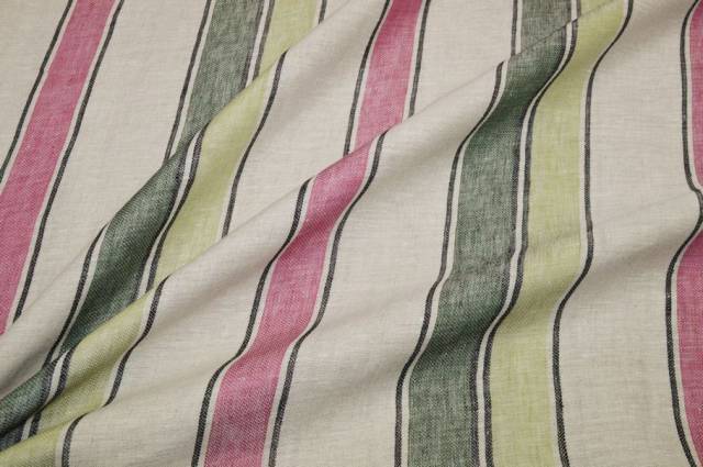 Vendita on line tessuto puro lino rigone verde rosa - tessuti abbigliamento lino fantasia