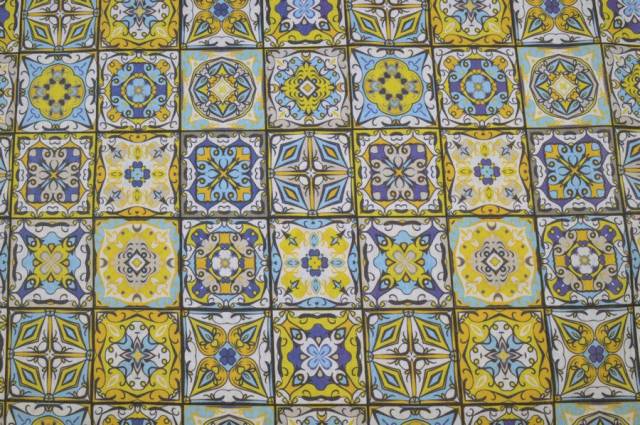 Vendita on line tessuto cotone arredo mosaico giallo/azzurro - cotoni fantasie doppia altezza