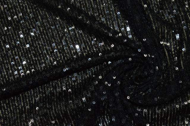 Vendita on line paillettes cucite nere su fondo tulle stretch - tessuti abbigliamento paillettes