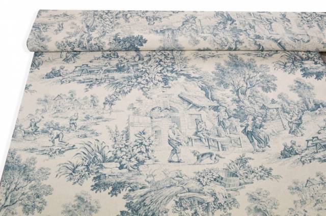 Vendita on line tessuto cotone panama toile de jouy azzurro - tessuti arredo casa per tovaglie