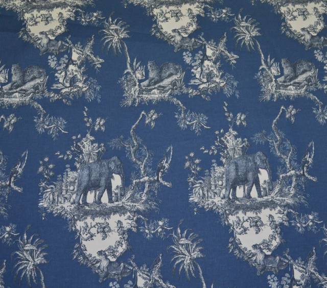 Vendita on line tessuto panama puro cotone toile de jouy blu disegno giungla - tessuti arredo casa per tovaglie