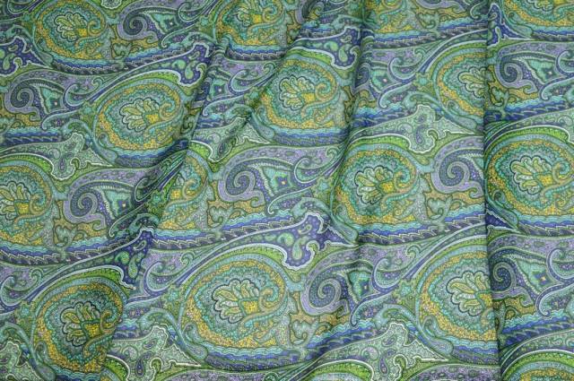 Vendita on line tessuto crepe de chine pura viscosa disegno cashmere blu verde - tessuti abbigliamento viscosa fantasia