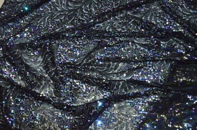 Vendita on line tessuto paillettes multicolor con disegno fondo tulle nero - tessuti abbigliamento paillettes