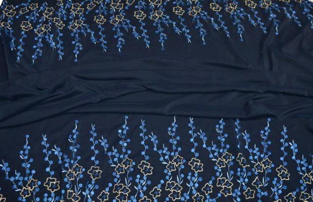 Vendita on line scampolo cady ricamato blu notte - tessuti abbigliamento poliestere fantasia